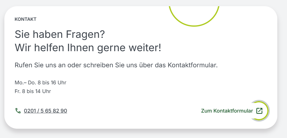 Screenshot von Kontaktdaten und ein Link zum Kontaktformular